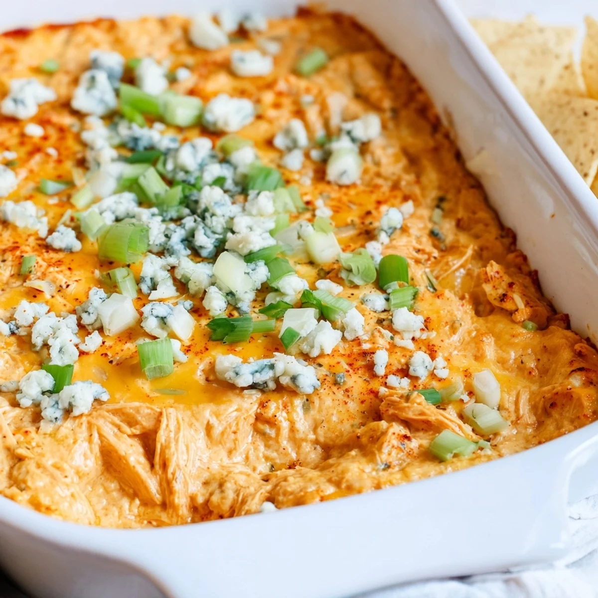 A close-up of creamy, bubbling Spicy Buffalo Chicken Dip with tortilla chips ready for dipping.  