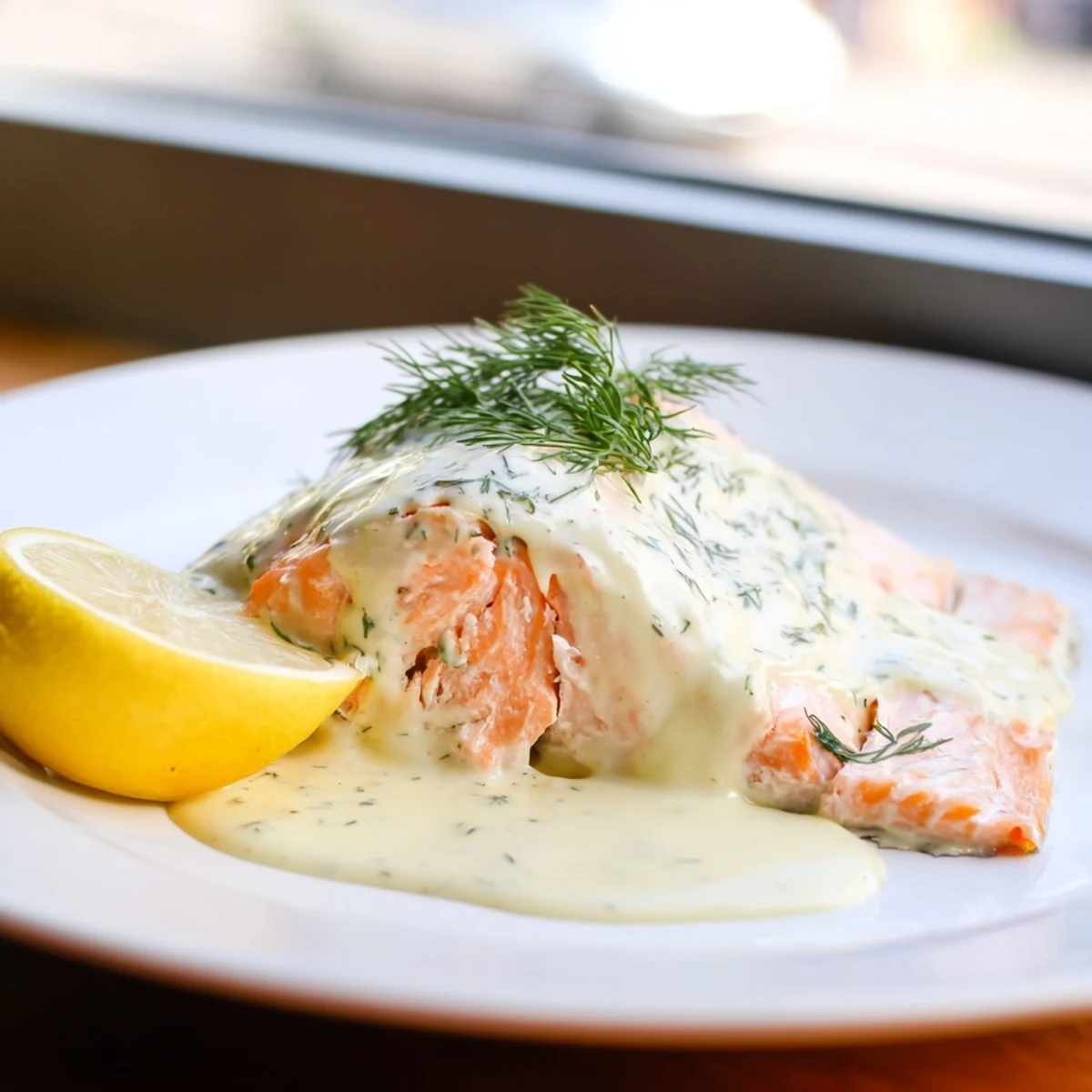 A close-up of baked salmon fillets topped with a creamy, vibrant dill and lemon sauce.