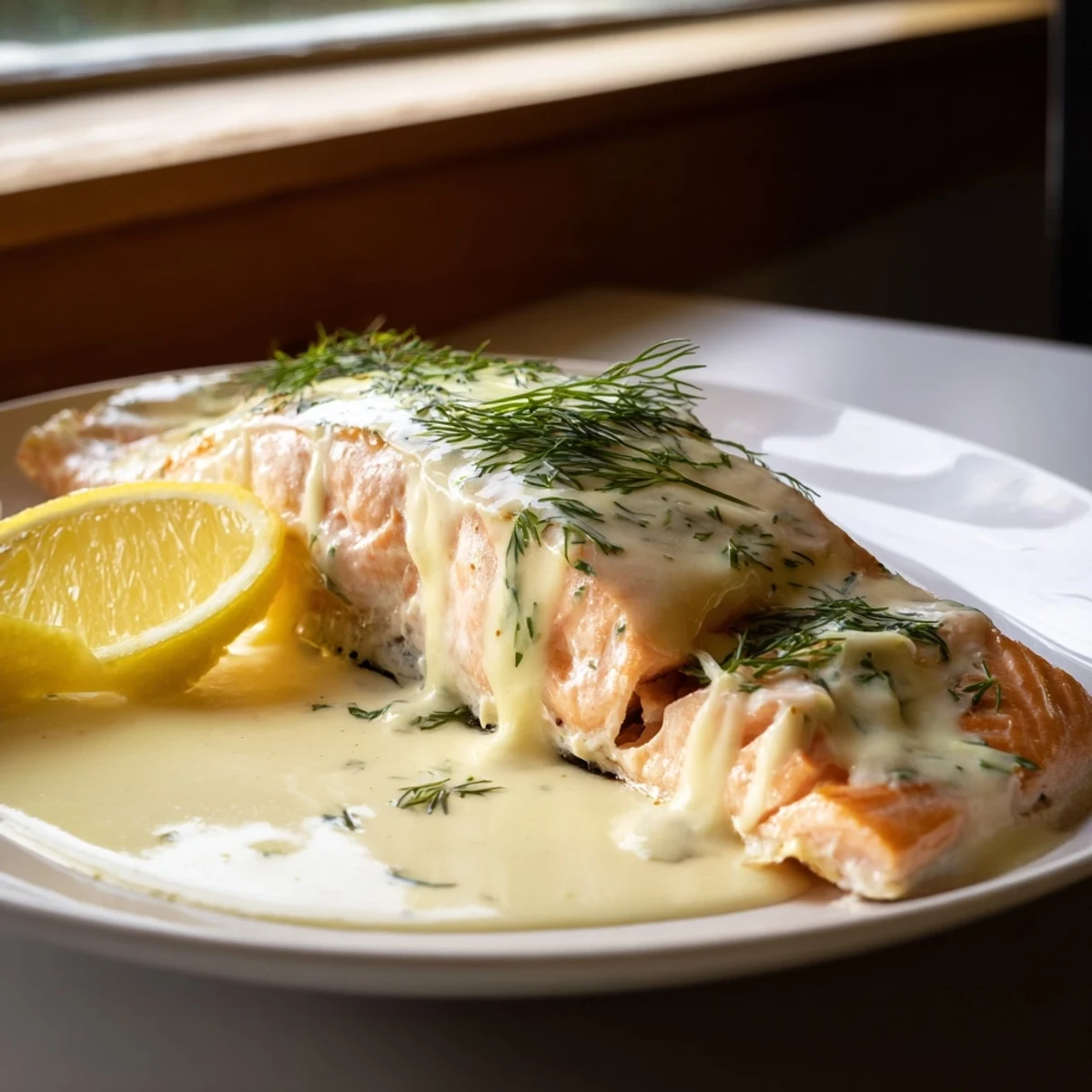 Freshly baked salmon with dill and lemon sauce served on a white plate with lemon slices.