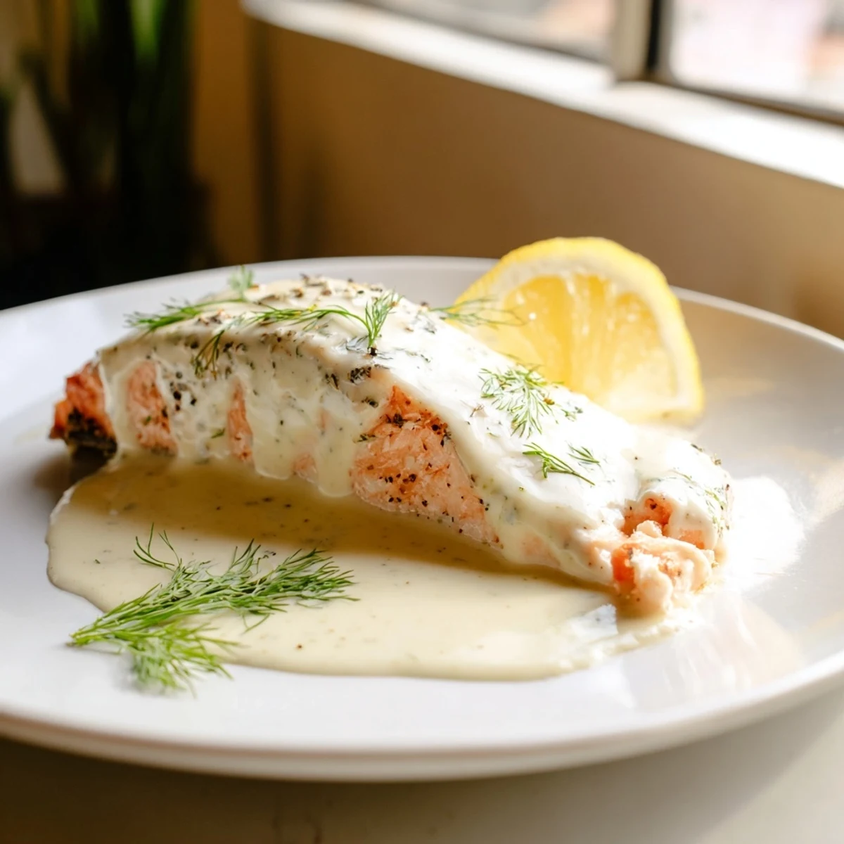 Golden baked salmon fillets garnished with chopped dill and a drizzle of tangy lemon sauce.