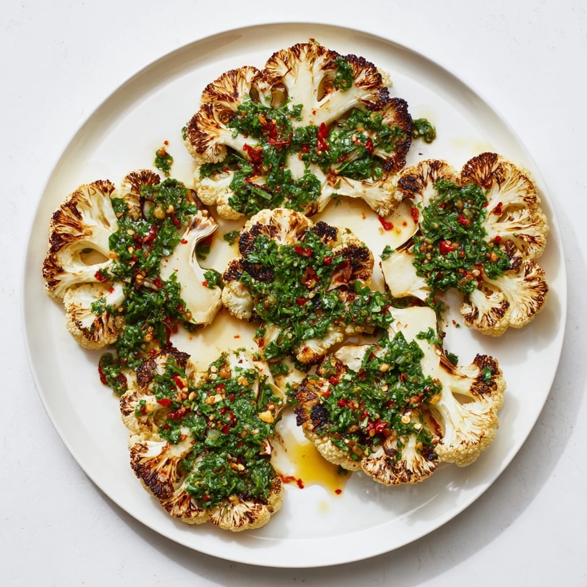 Crispy-edged roasted cauliflower steaks with chimichurri sauce, served warm as a hearty vegetarian main or flavorful side.