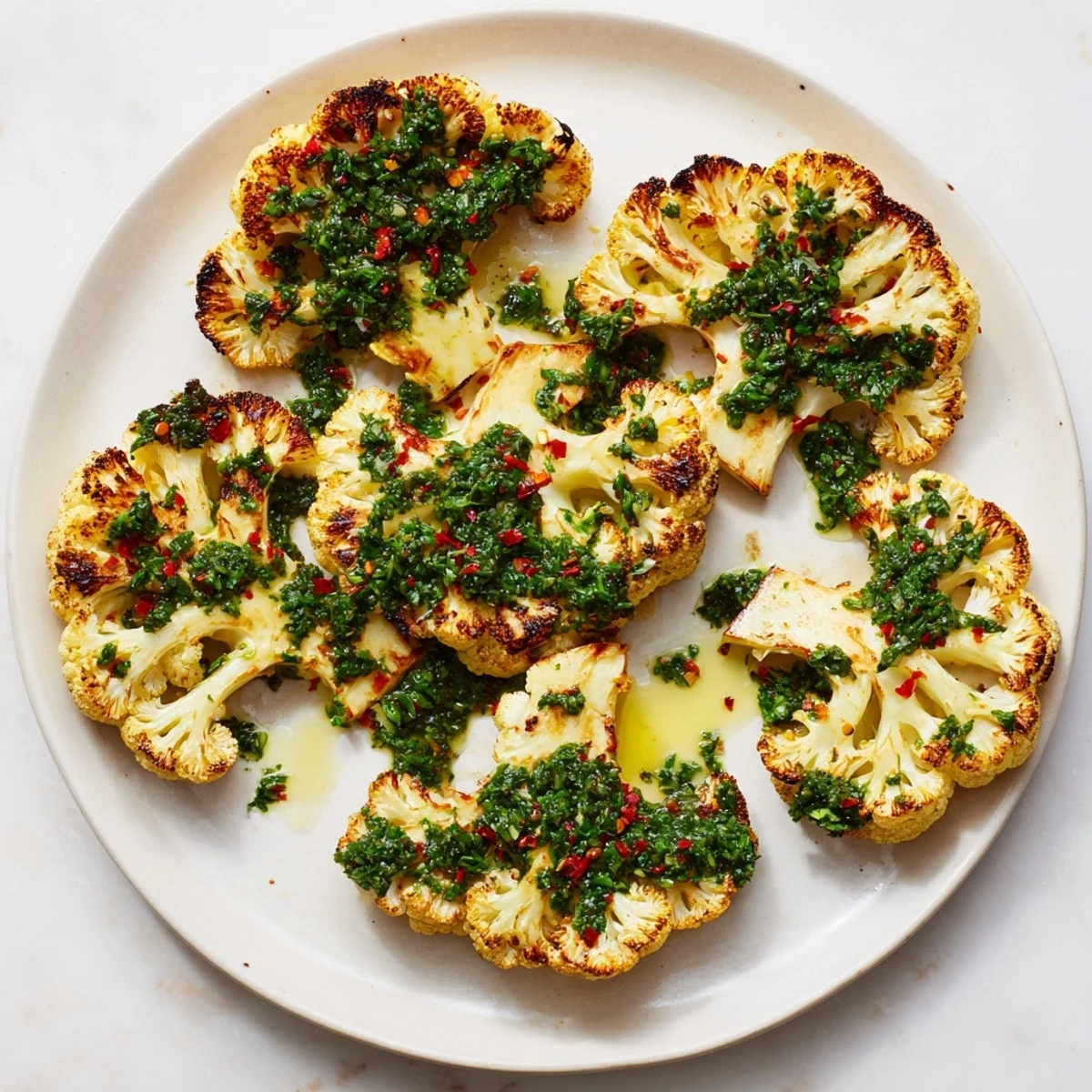 Roasted cauliflower steaks with chimichurri garnish fresh parsley and cilantro, drizzled with olive oil for a colorful, plant-based meal.