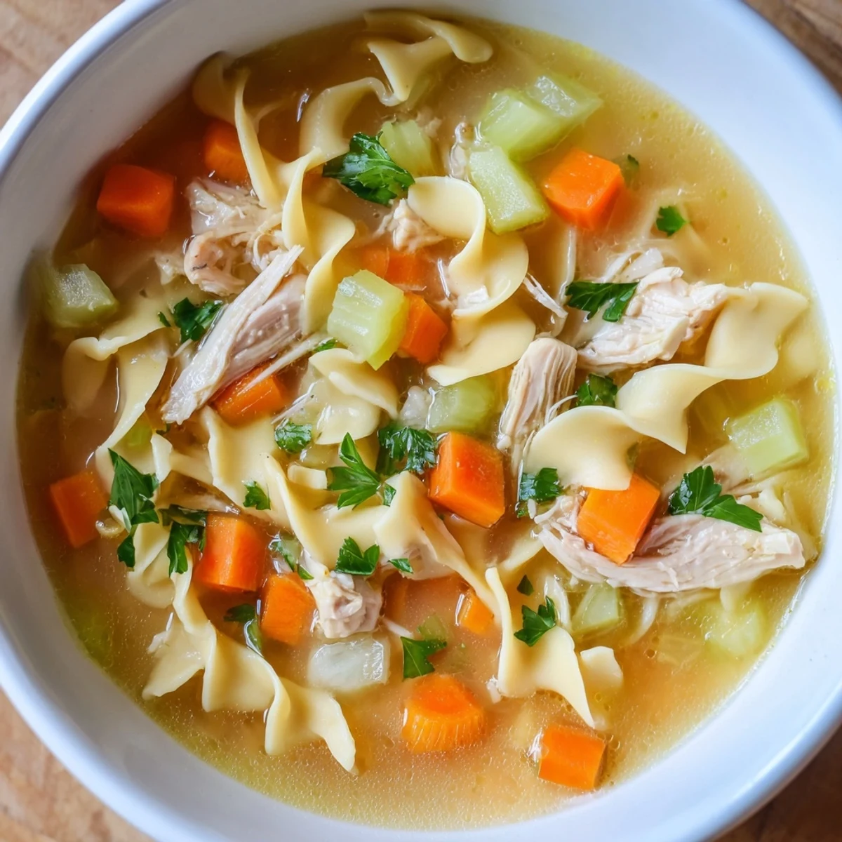Steaming bowl of Chicken Noodle Soup with Homemade Noodles, featuring tender shredded chicken, carrots, celery, and silky noodles in a rich, savory broth.
