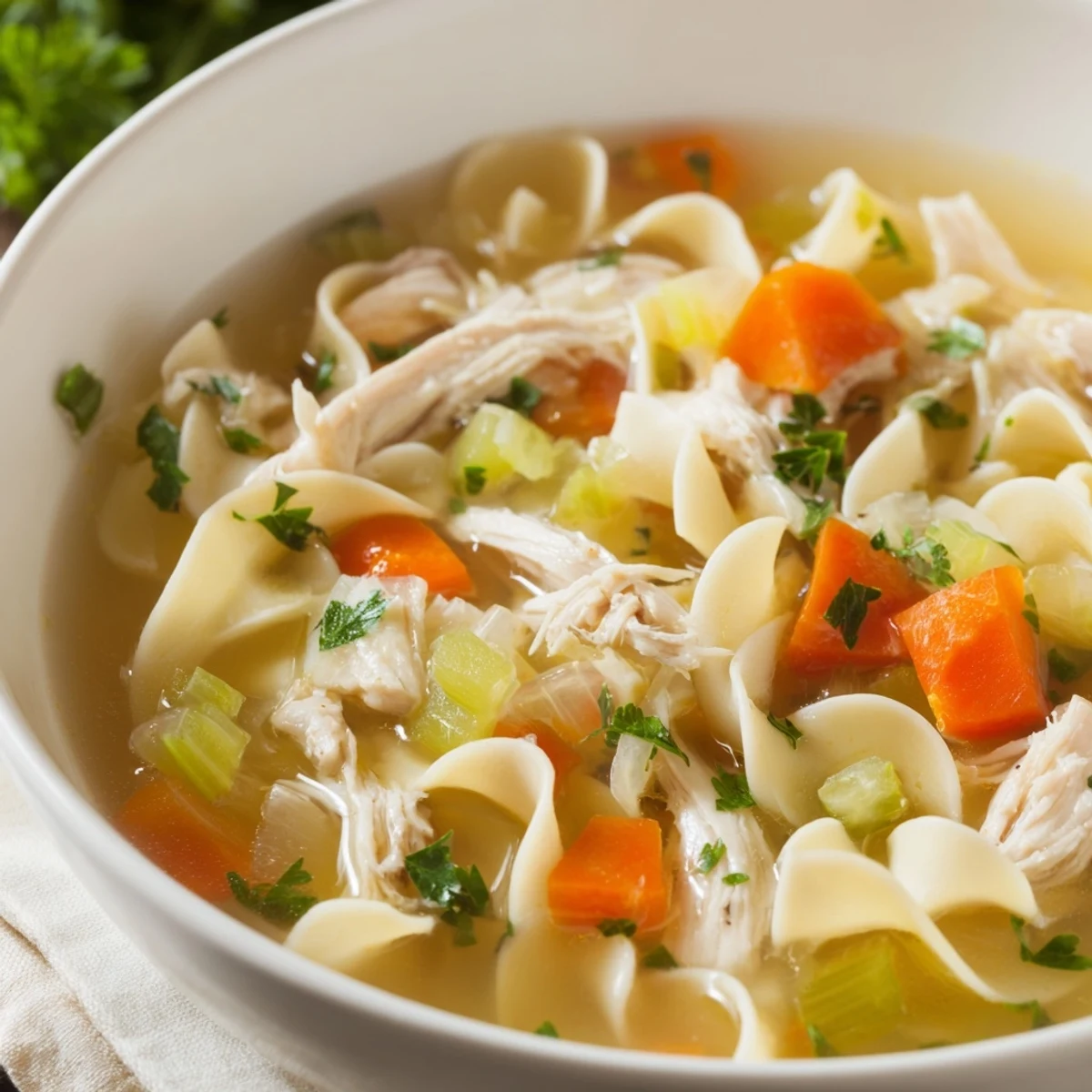 Freshly made noodles swirl in a golden broth, paired with diced vegetables and herbs, perfect for a comforting Chicken Noodle Soup with Homemade Noodles.