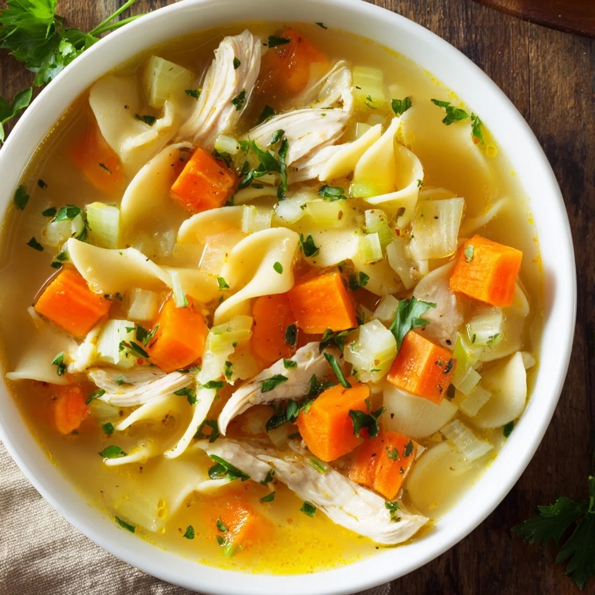 A rustic kitchen scene with a warm ladle of Chicken Noodle Soup with Homemade Noodles, garnished with parsley, ready for a cozy family dinner.
