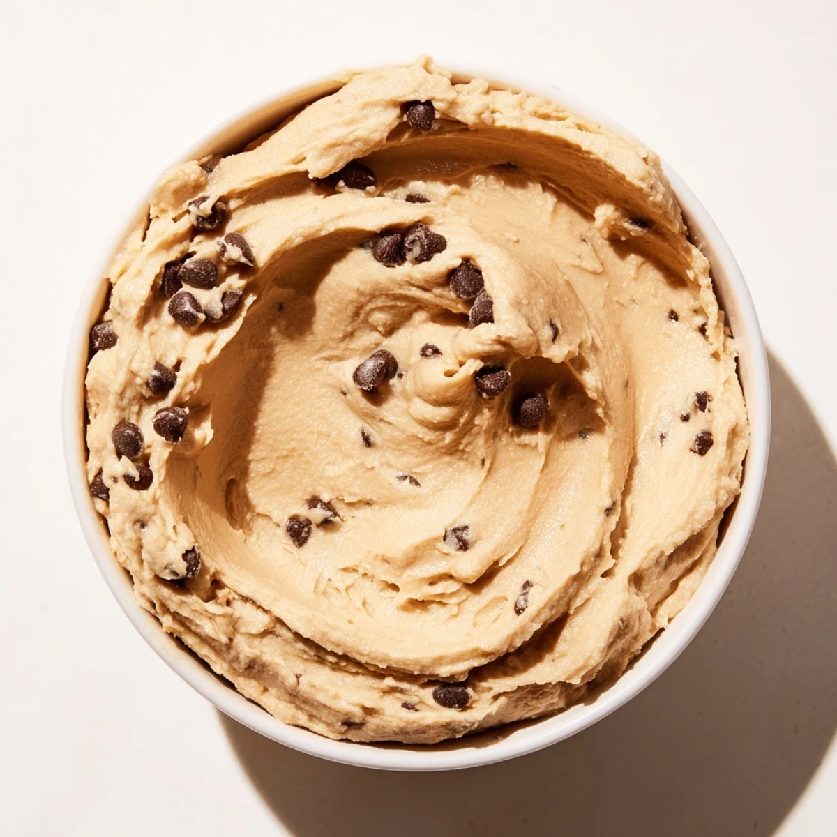 A bowl of creamy Chocolate Chip Cookie Dough Hummus topped with extra mini chocolate chips.