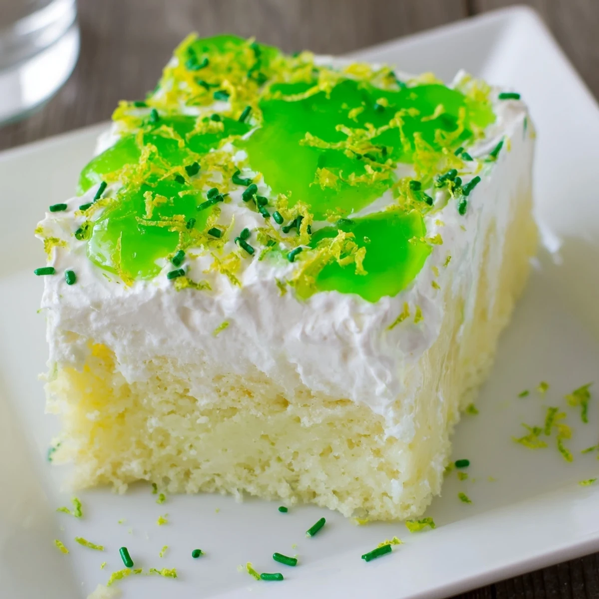 Close-up of a chilled St. Patricks Day Lime Poke Cake topped with fluffy white frosting and green sprinkles.