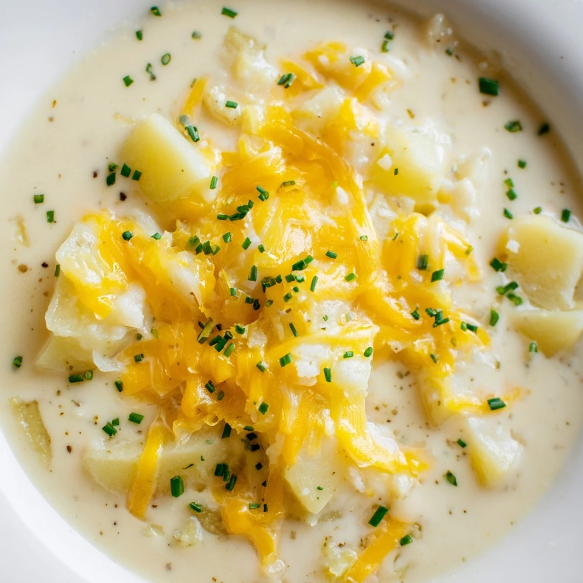 Steaming bowl of Irish Cheddar Potato Soup with Chives, creamy and topped with fresh green garnish.  