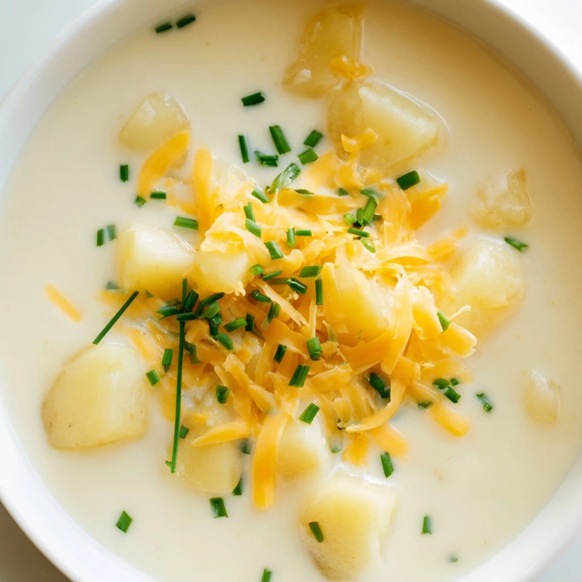 Hearty Irish Cheddar Potato Soup with Chives ladled from a rustic pot, rich and velvety texture.  