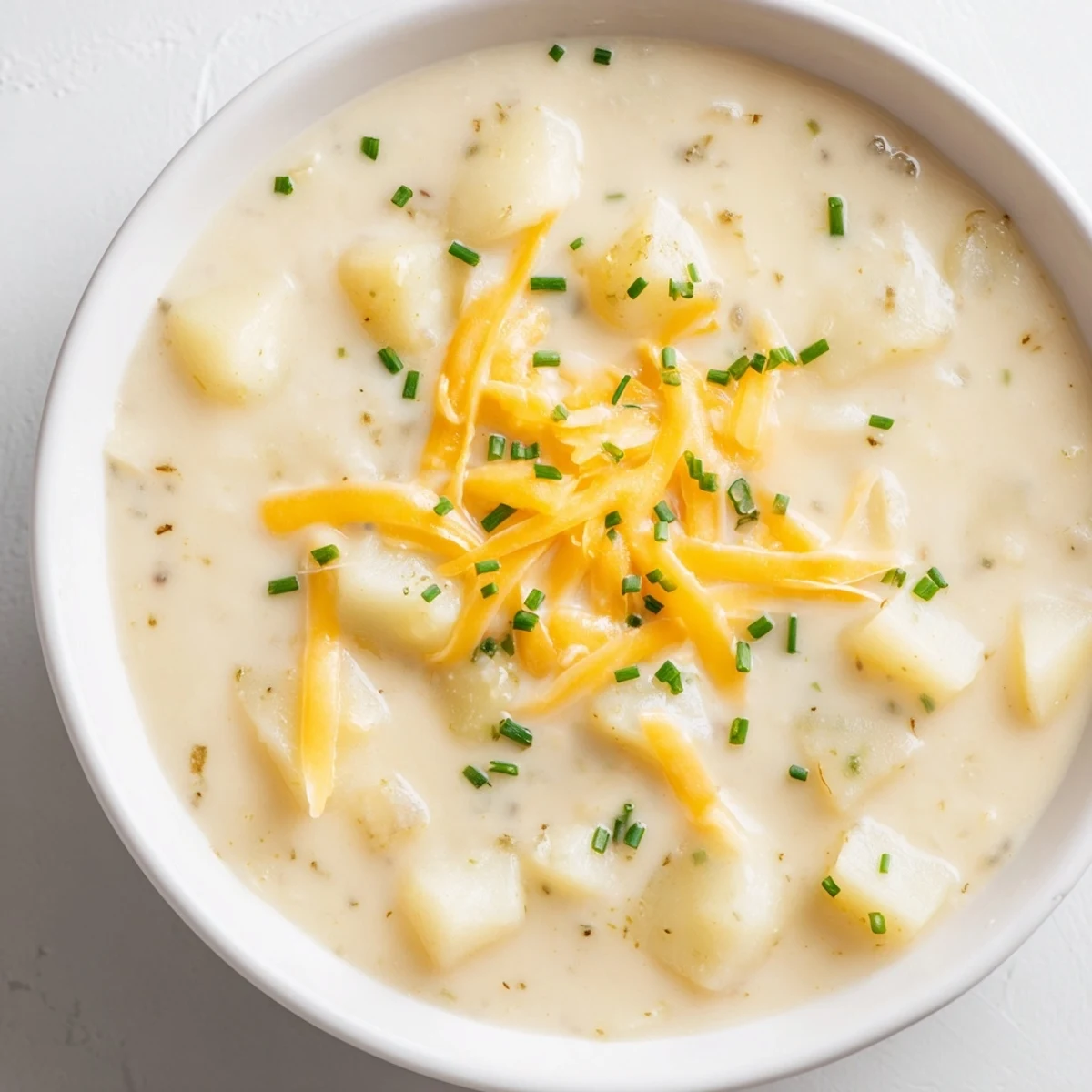 Comforting Irish Cheddar Potato Soup with Chives paired with crusty bread on a cozy table.
