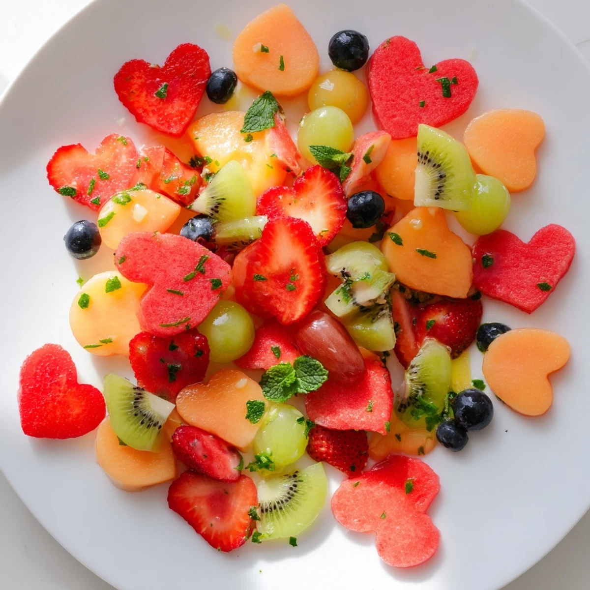 A bowl of Sweetheart Fruit Salad with honey lime dressing, featuring heart-shaped watermelon and cantaloupe alongside strawberries, grapes, and blueberries.