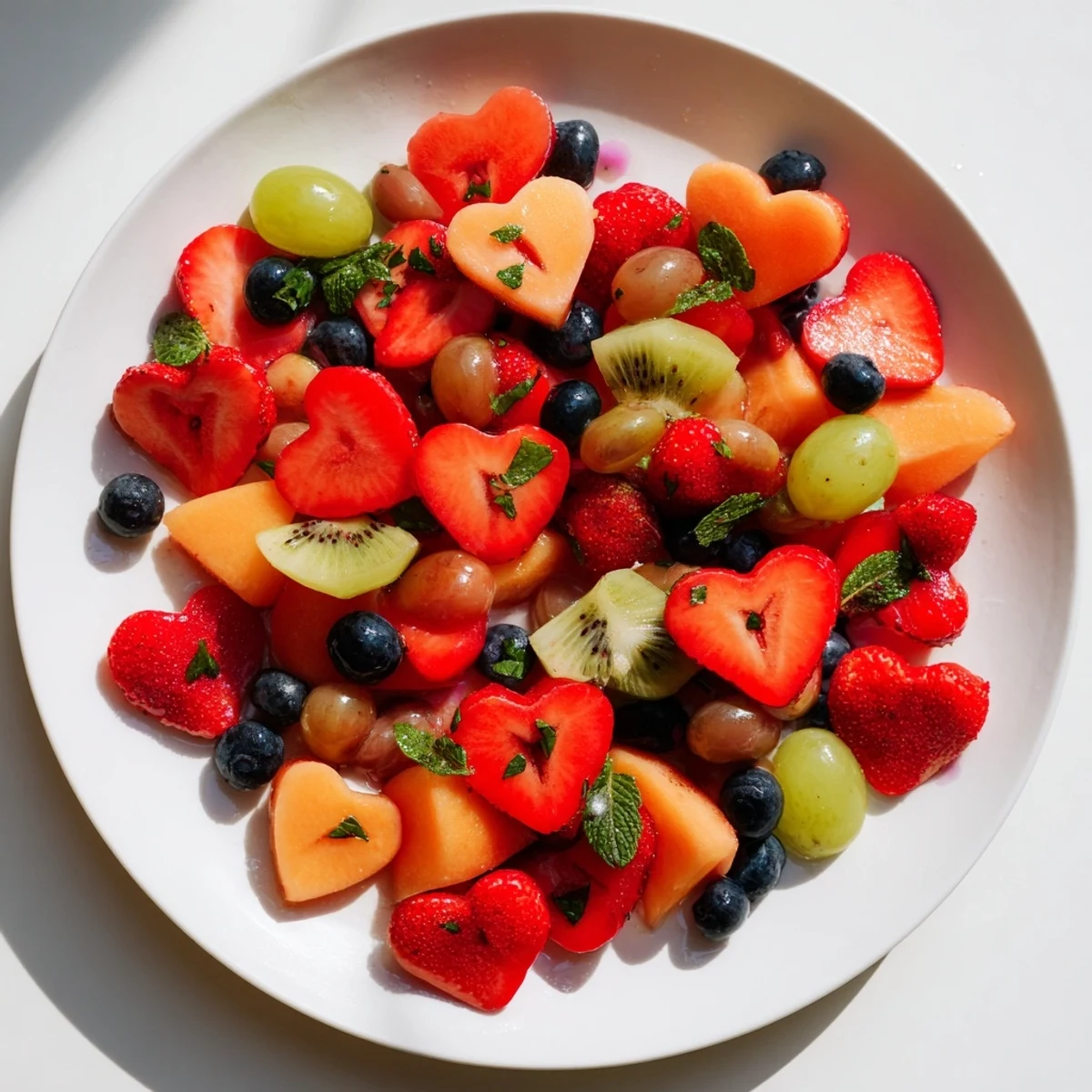 Bright summer fruits like kiwi and melon hearts are coated in a sweet-tart honey lime dressing in this Sweetheart Fruit Salad.