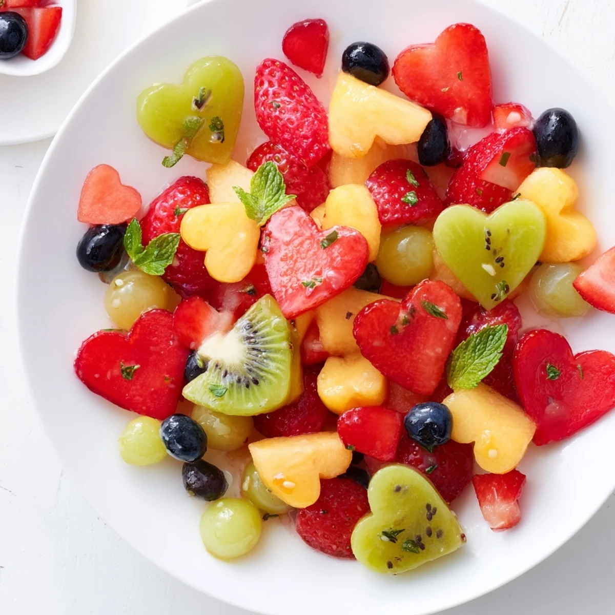 Freshly tossed Sweetheart Fruit Salad glistens with honey lime glaze, garnished with mint, showcasing vibrant red, green, and purple fruits.