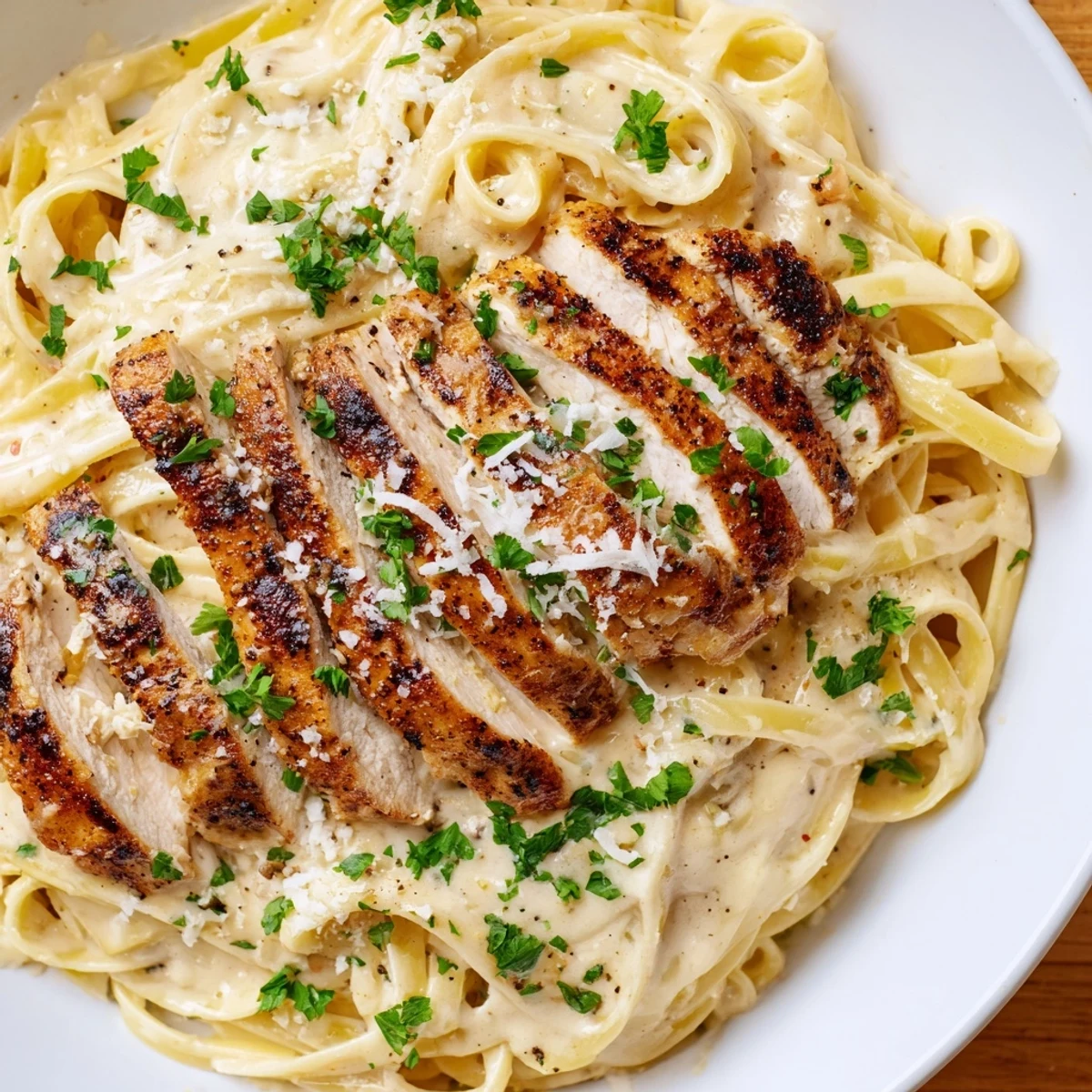 A close-up of rich Alfredo sauce clinging to pasta noodles, topped with juicy, spice-rubbed chicken breast.