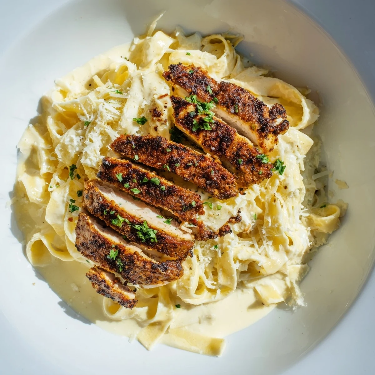 Savory Cajun Blackened Chicken Alfredo plated with a creamy sauce, perfect for a hearty American weeknight dinner.