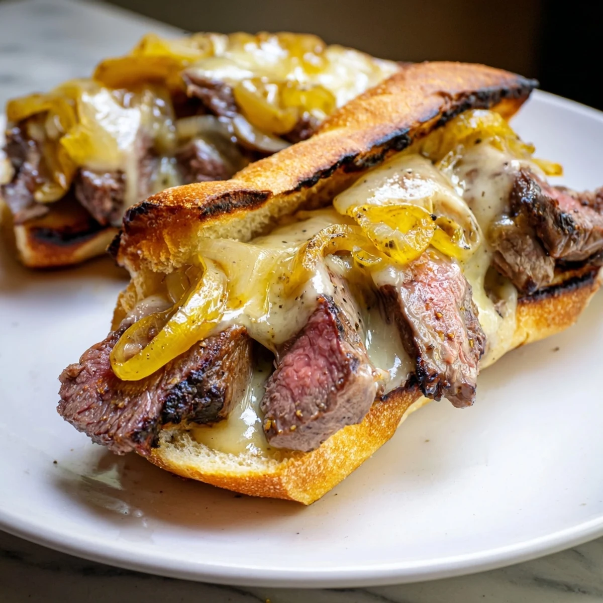 The open-faced MVP Steak Sandwich shows juicy meat slices and sweet onions tucked into a crusty roll, ready for a game day feast.