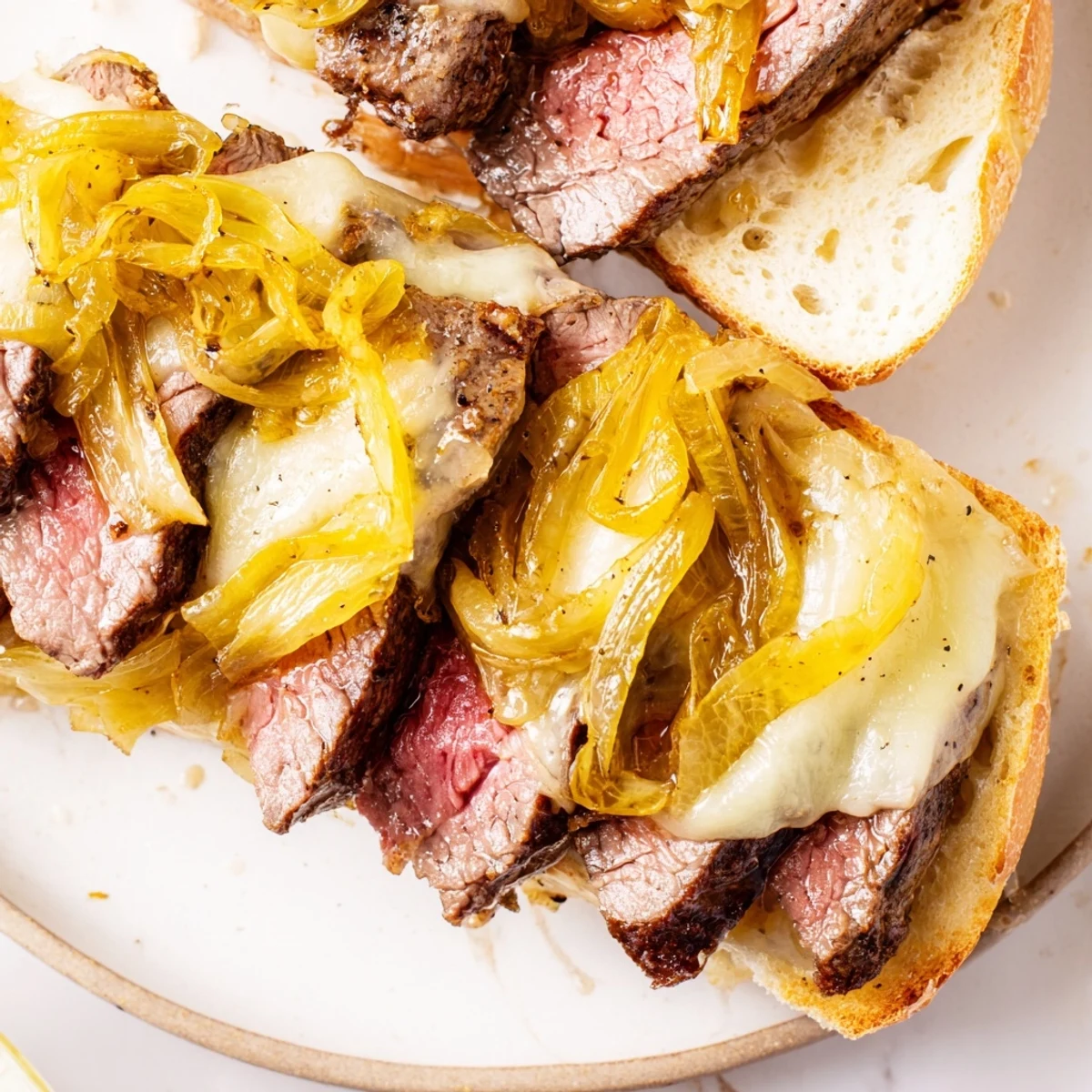Golden-brown caramelized onions and tender, seared ribeye steak layers on a toasted baguette, melted provolone cheese oozing over the sides.