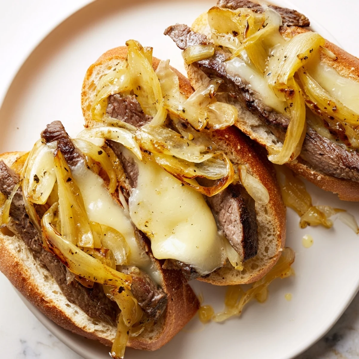 Sizzling ribeye steak and slow-cooked onions inside a golden baguette roll, topped with Swiss cheese and fresh arugula on a wooden board.