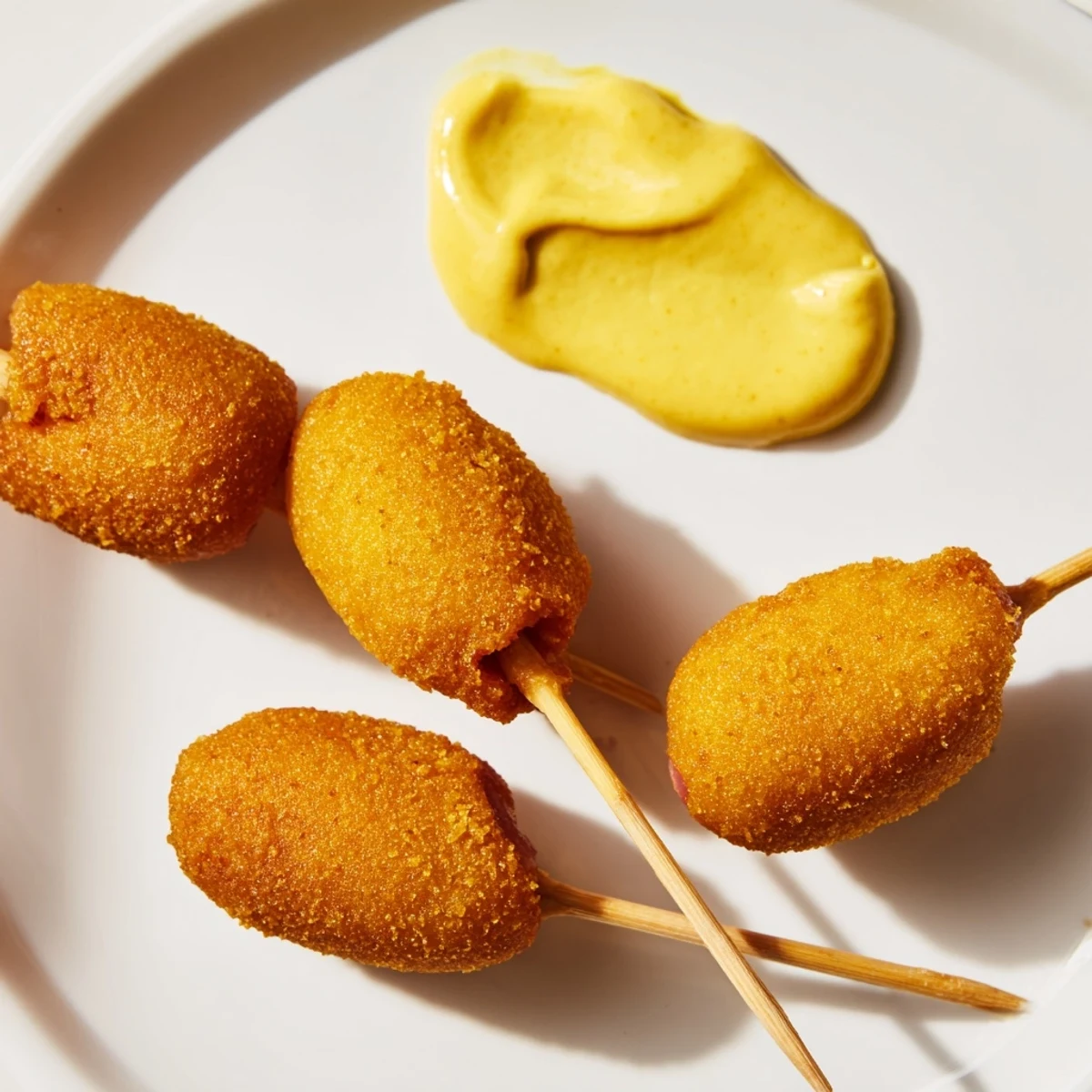 A close-up of bite-sized Super Bowl Mini Corn Dogs on a platter, ready for game day snacking with a honey mustard dip.