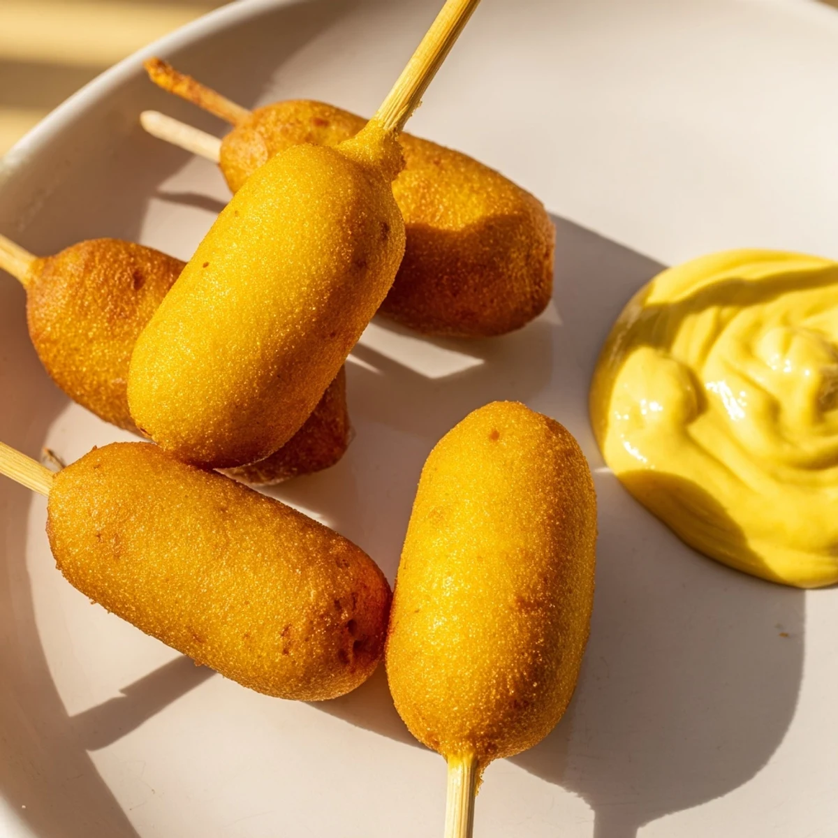 Stacked Super Bowl Mini Corn Dogs on a parchment-lined plate, showcasing crunchy texture and golden fried coating alongside a small dipping bowl.