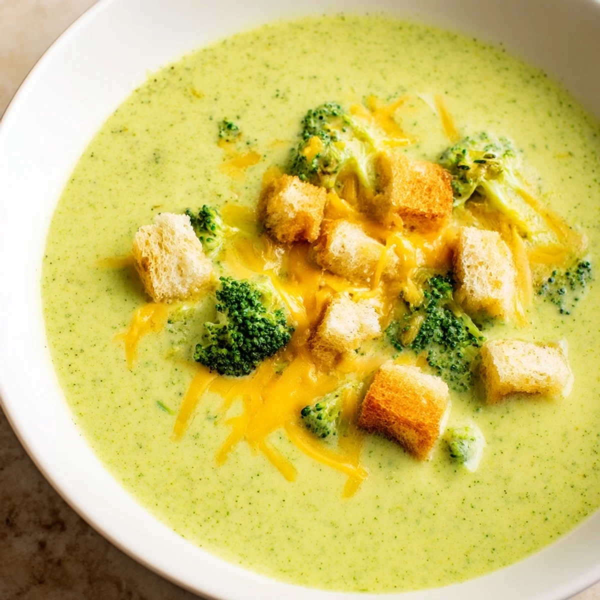 Creamy green broccoli cheddar soup served in a rustic bowl topped with golden homemade croutons.  