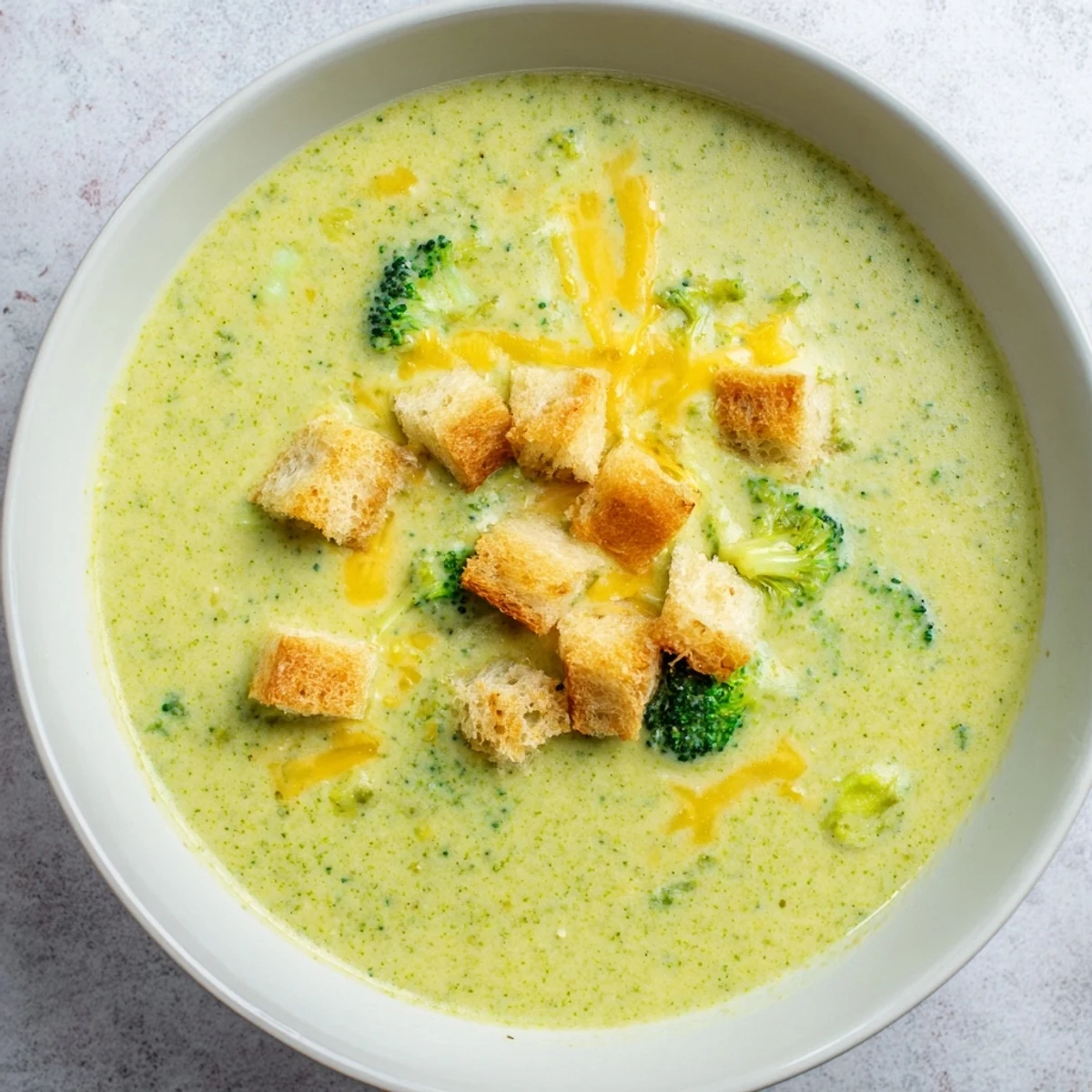 A comforting bowl of green broccoli cheddar soup garnished with croutons and fresh cheddar.