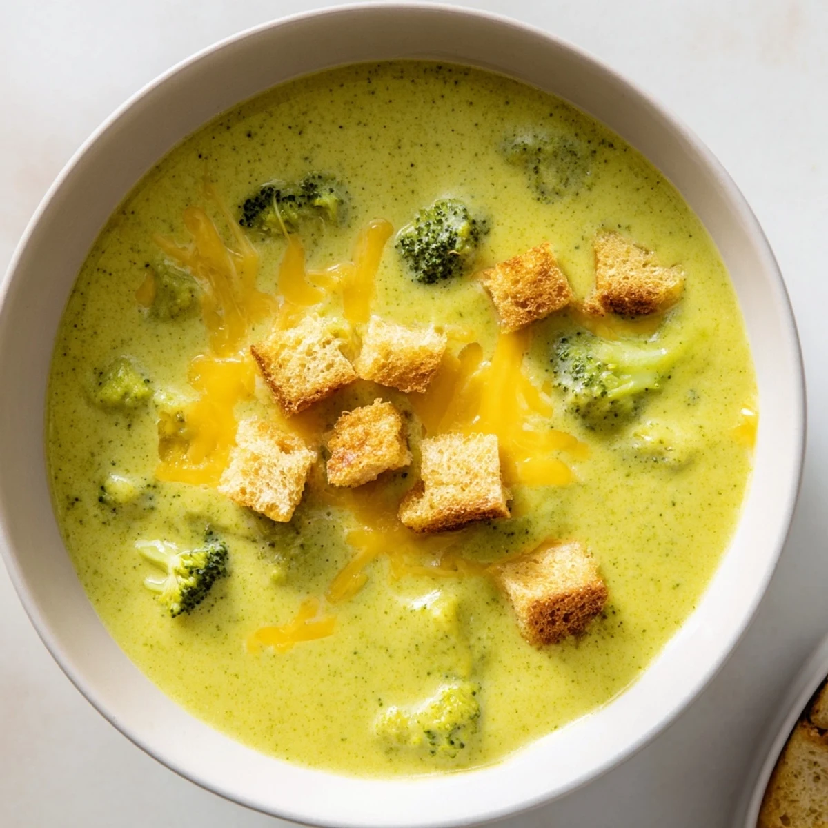 Steaming green broccoli cheddar soup in a white bowl with melted cheese and crisp croutons.  