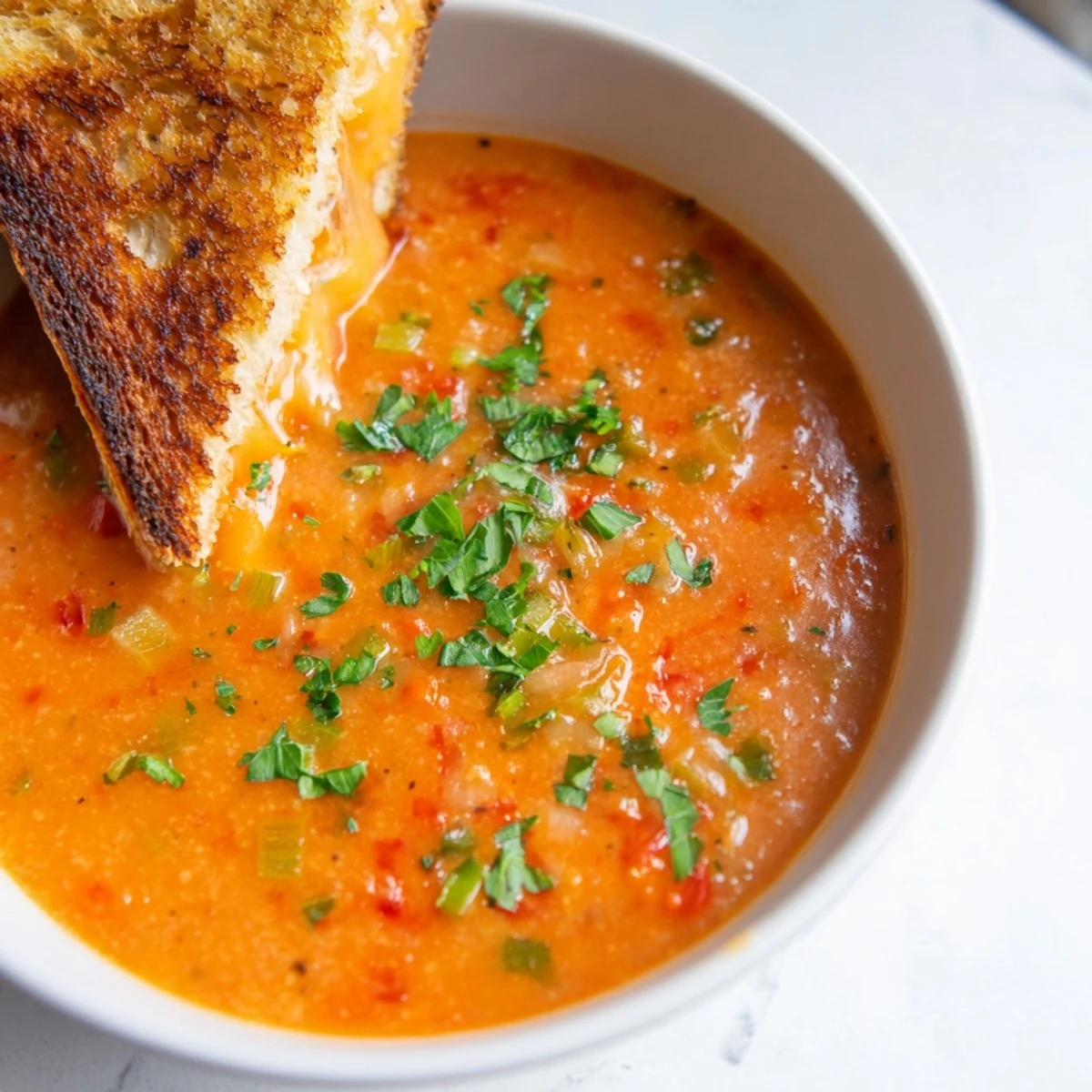 Golden bowls of creamy Creole Tomato Soup with Grilled Cheese, garnished with parsley and served with melty, crispy halves.