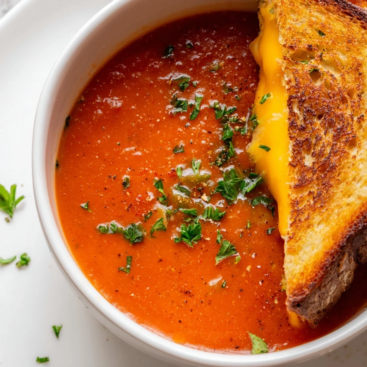 Steam rises from spicy Creole Tomato Soup, accompanying buttery, golden-brown Grilled Cheese sandwiches on a rustic wooden table.
