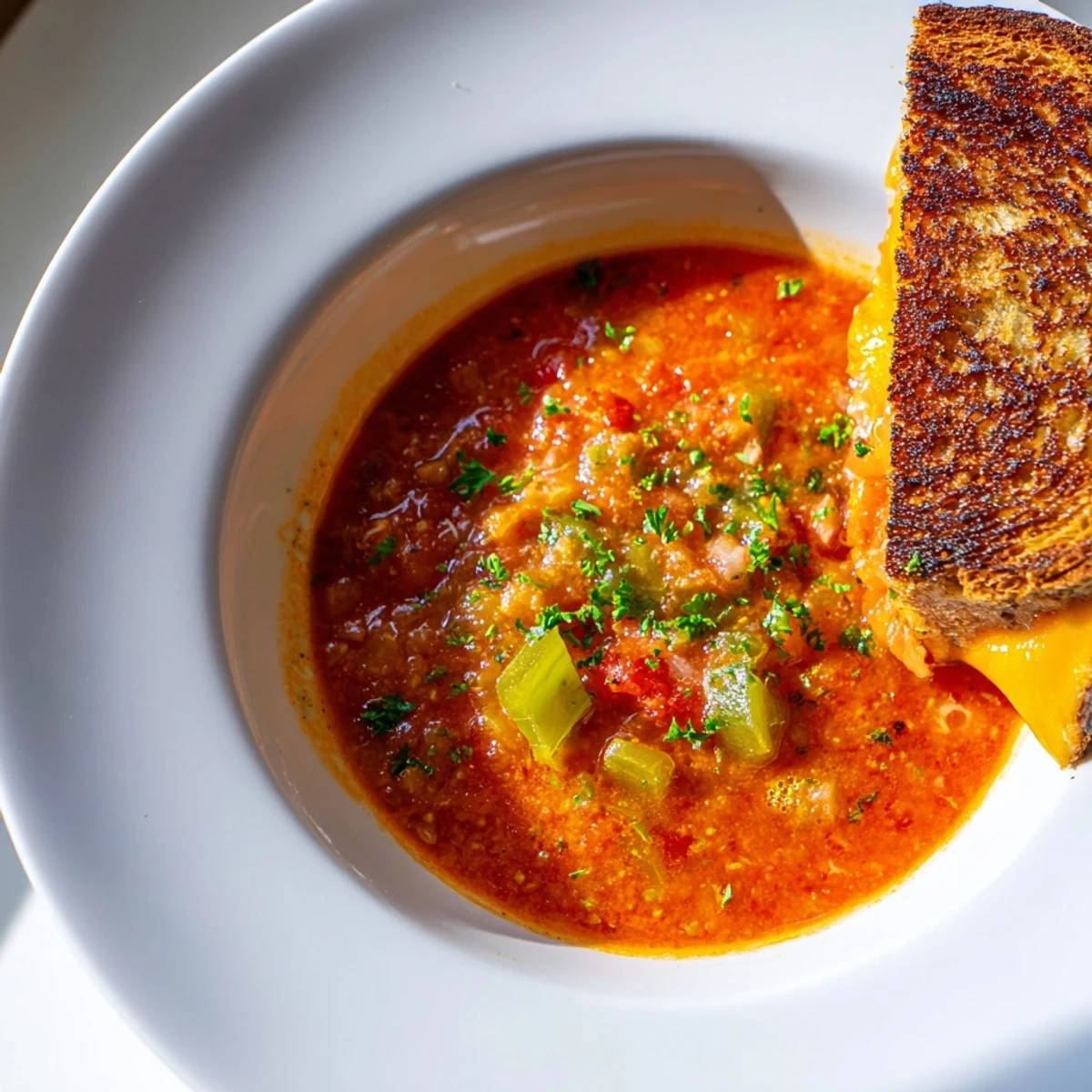 Vibrant red Creole Tomato Soup with Grilled Cheese, featuring a side of Swiss and cheddar melts on sourdough.