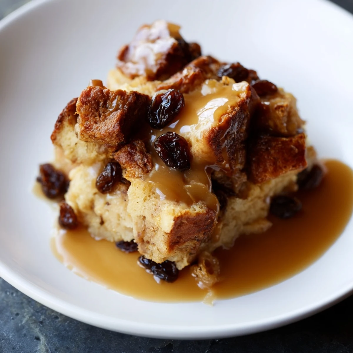 A slice of warm New Orleans Bread Pudding is drizzled with rich caramel sauce and served on a rustic plate.