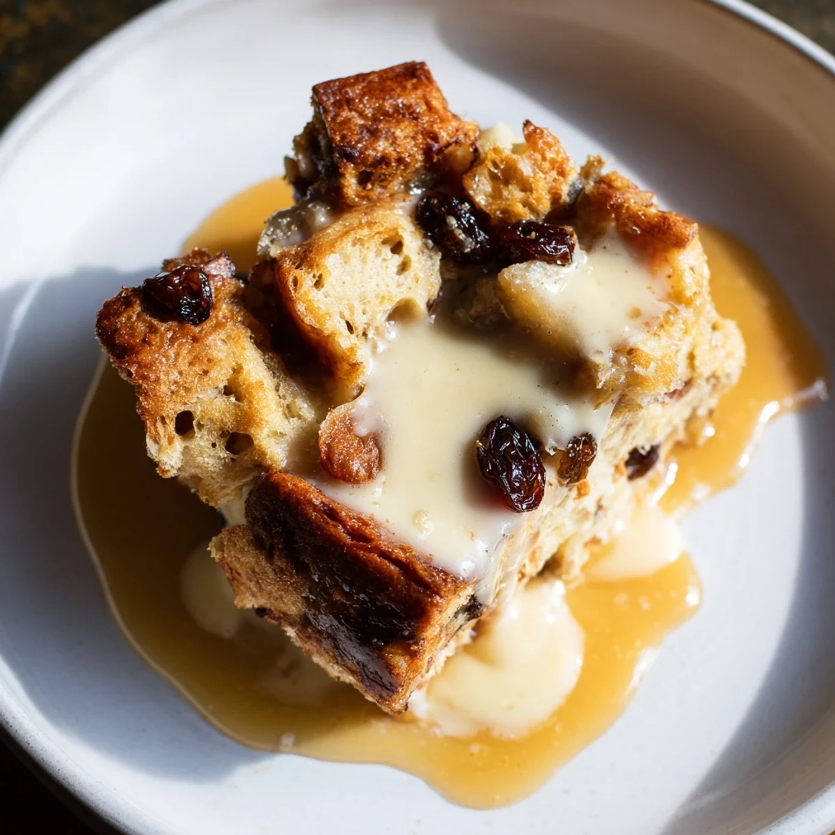 Golden-brown New Orleans Bread Pudding with caramel sauce and raisins sits beside a scoop of vanilla ice cream.