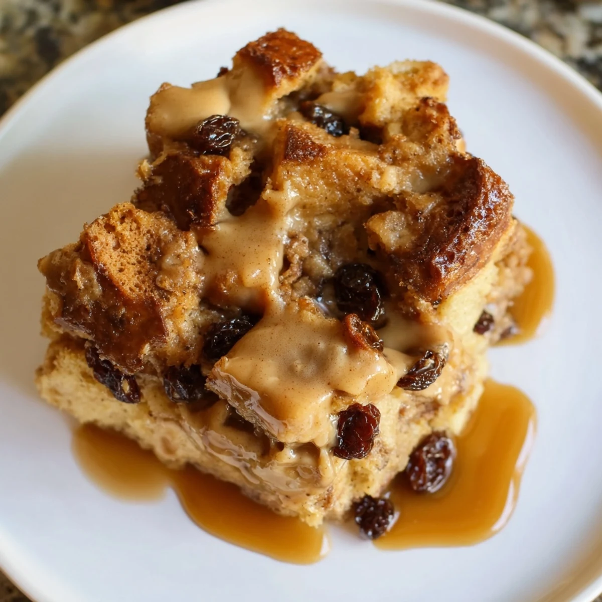 Homemade New Orleans Bread Pudding baked in a dish, glistening with sweet caramel sauce and topped with raisins.