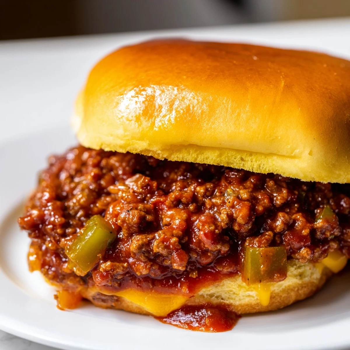 Mouthwatering Beef Sloppy Joes simmered in a tangy tomato sauce, served hot on a soft toasted bun with melted cheese.