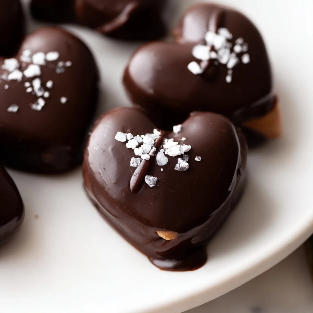 Freshly dipped Chocolate Peanut Butter Hearts with a glossy dark chocolate shell and a soft, creamy peanut butter center on a marble counter. 