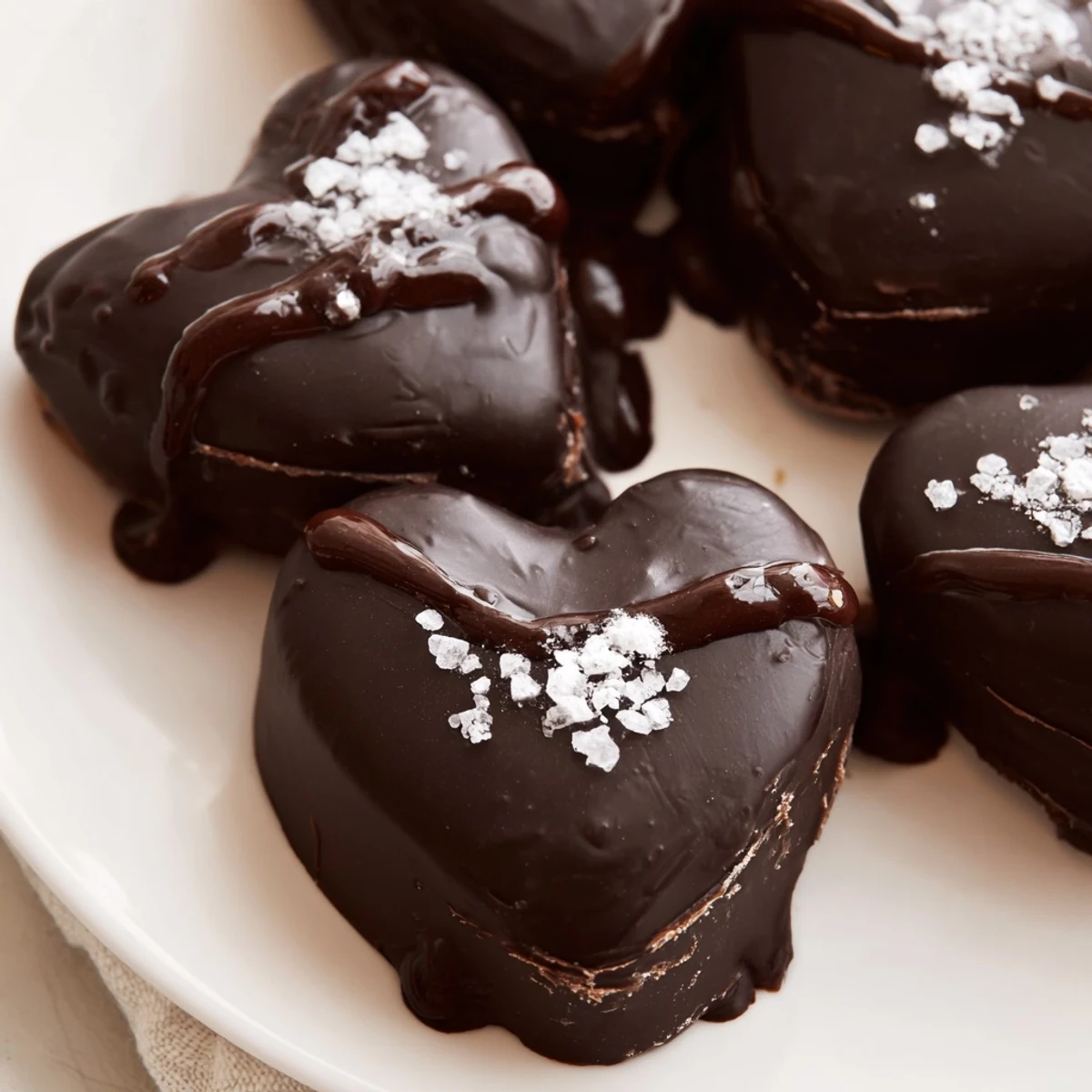 Homemade Chocolate Peanut Butter Hearts with a drizzle of extra chocolate and a pinch of sea salt for an easy sweet treat.