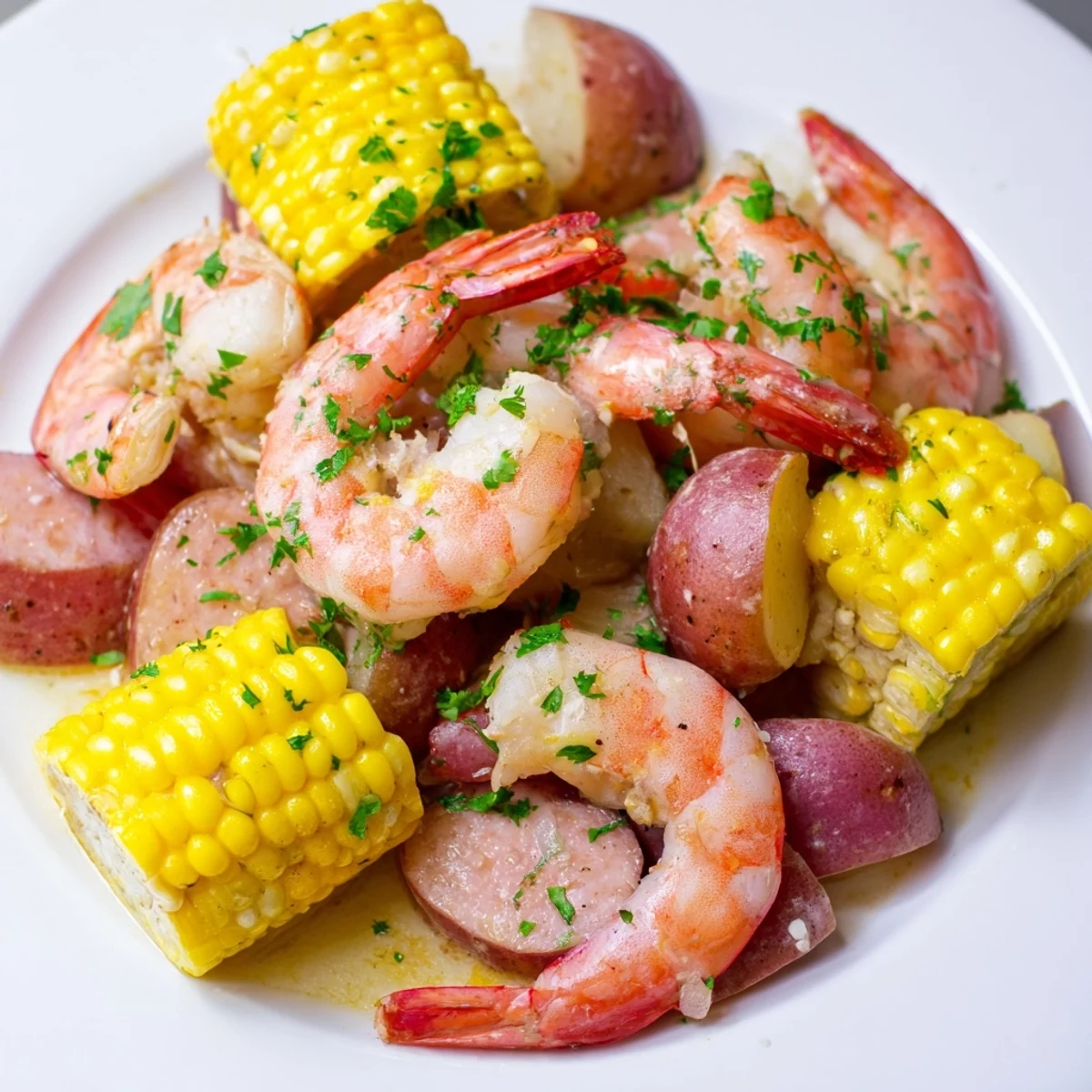 Mardi Gras Shrimp Boil spills from a pot onto newspaper, with bright corn, sausage, and shrimp glistening with melted butter and Cajun spices.
