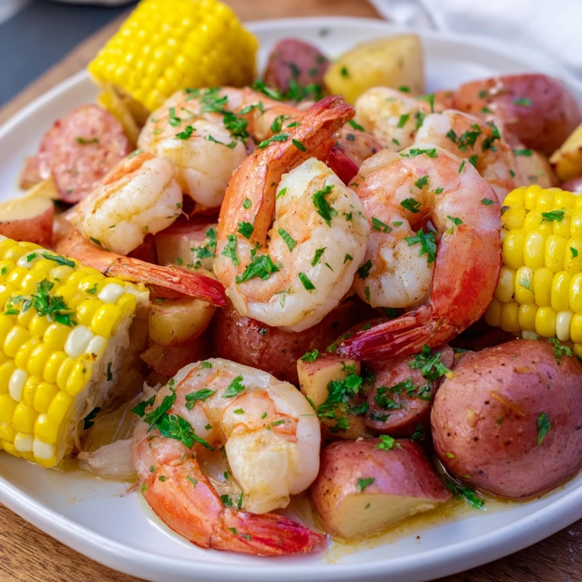 Sizzling Mardi Gras Shrimp Boil simmers in a large pot, featuring tender potatoes, spicy Andouille, and lemon slices among the steaming broth.