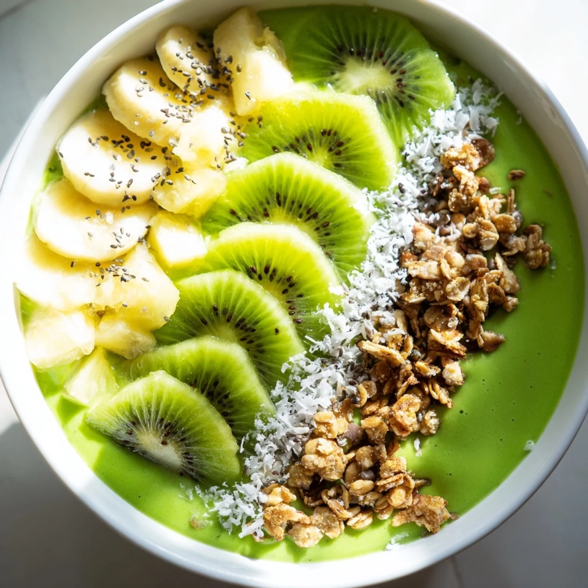 Bright green Green Smoothie Bowl with Spinach and Kiwi topped with sliced kiwi, coconut flakes, and fresh berries, served cold.