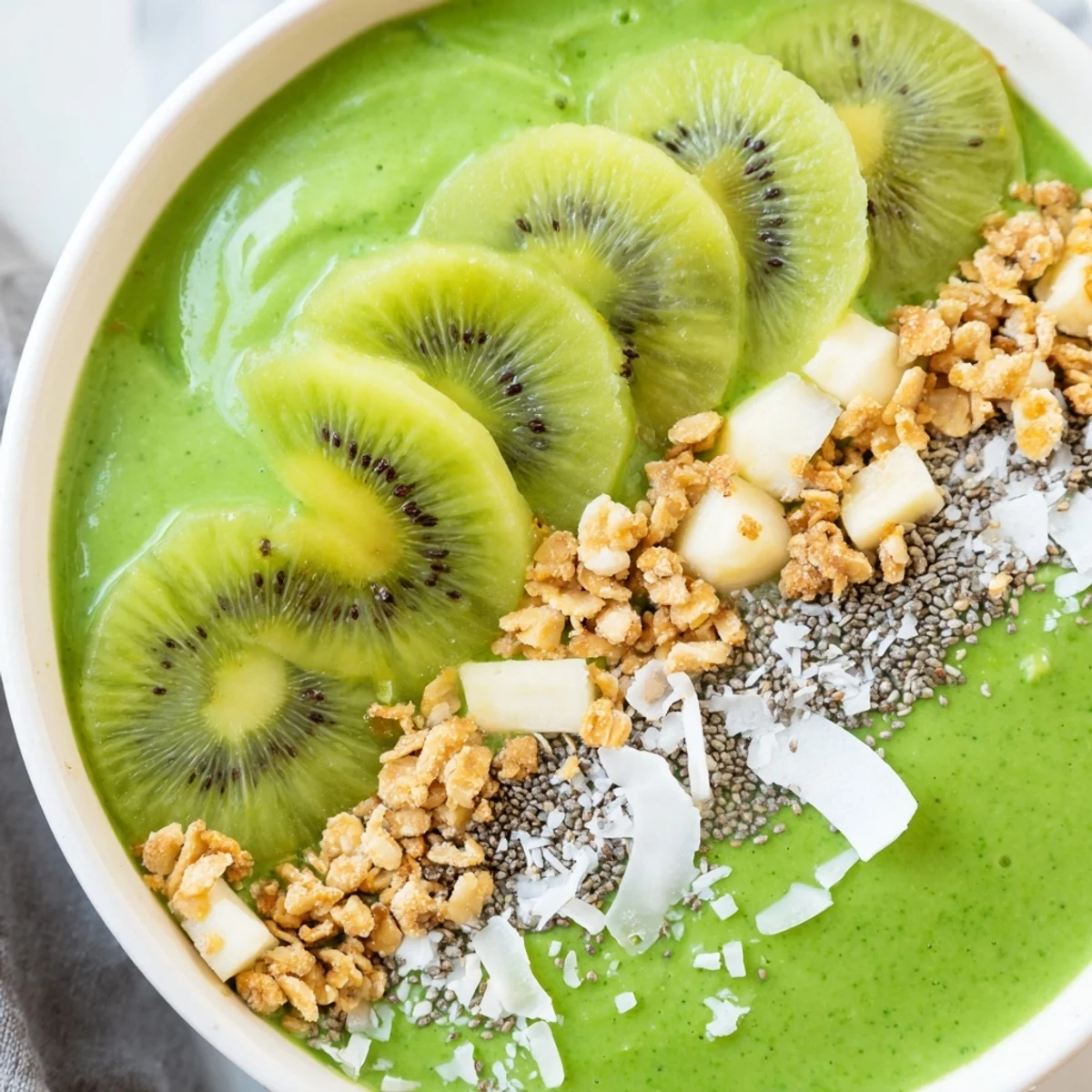 Creamy, vibrant Green Smoothie Bowl with Spinach and Kiwi topped with crunchy granola and chia seeds in a breakfast bowl.