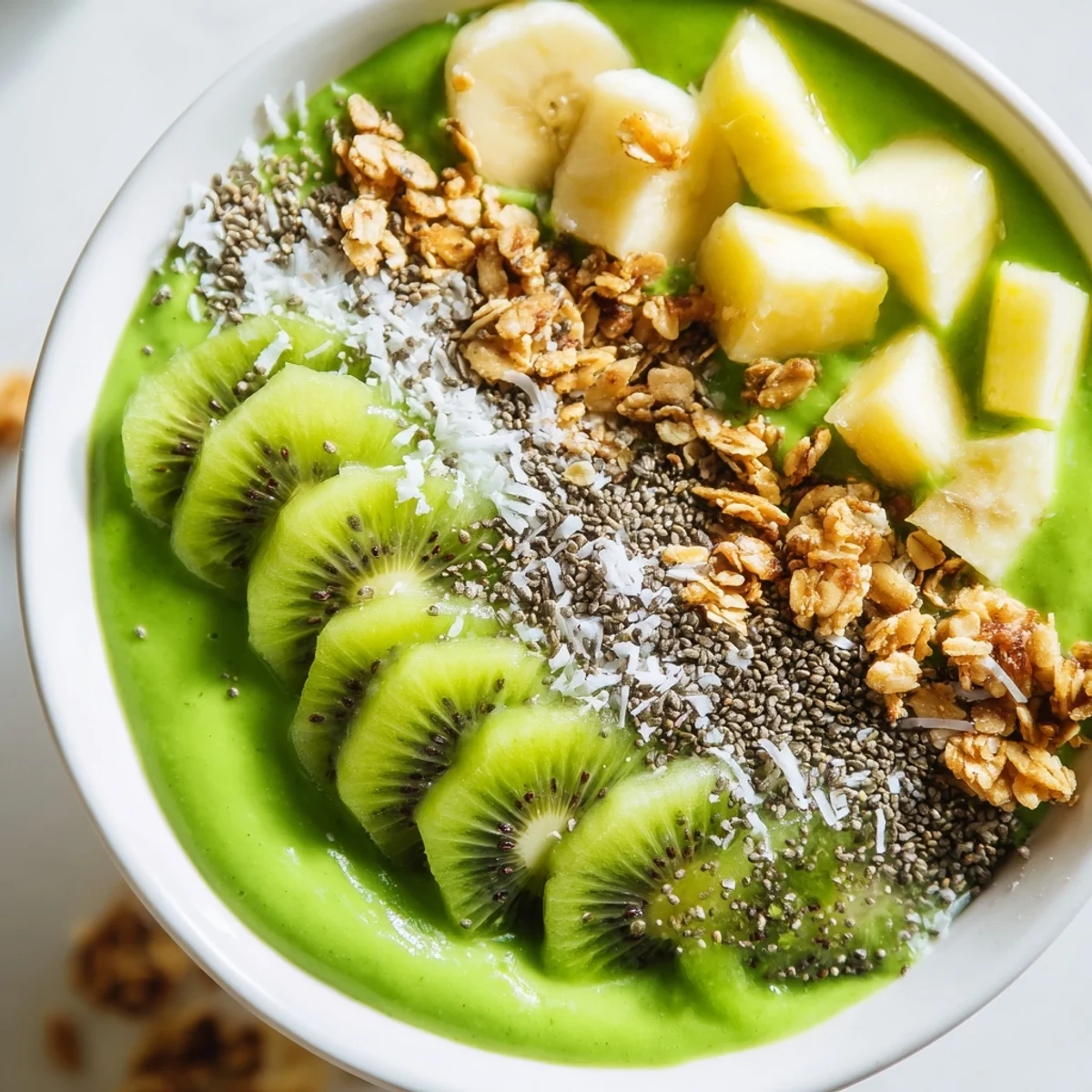 A refreshing Green Smoothie Bowl with Spinach and Kiwi garnished with granola and chia seeds for a nutrient-packed vegan breakfast.