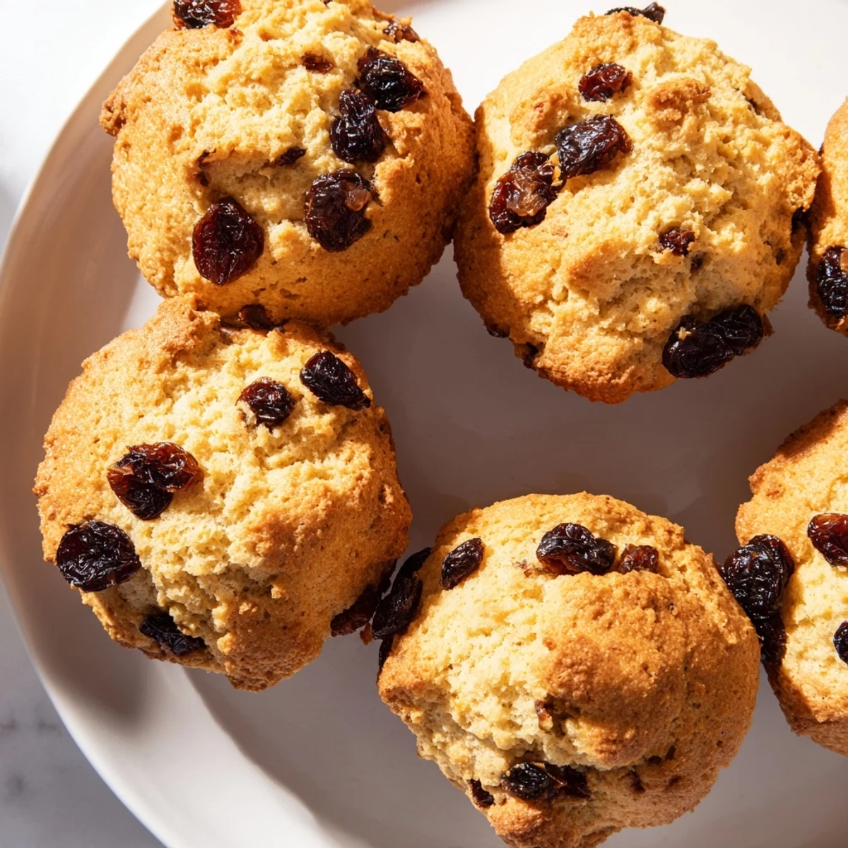 Warm Irish Soda Bread Muffins studded with currants and caraway seeds on a rustic table, ready for tea.
