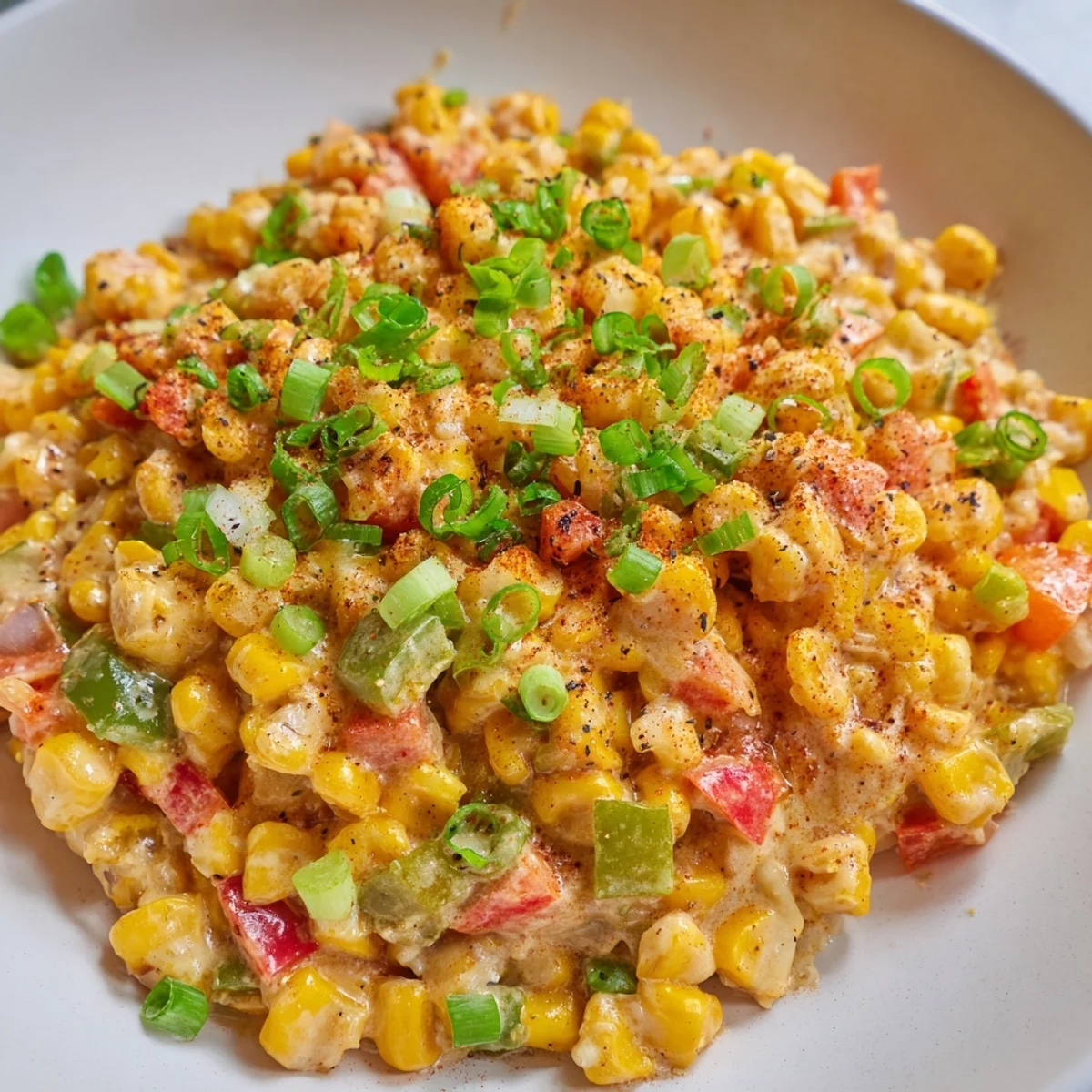 Golden Creole Corn Maque Choux simmering in a skillet, featuring tender corn, bell peppers, and tomatoes in a creamy, spicy sauce.