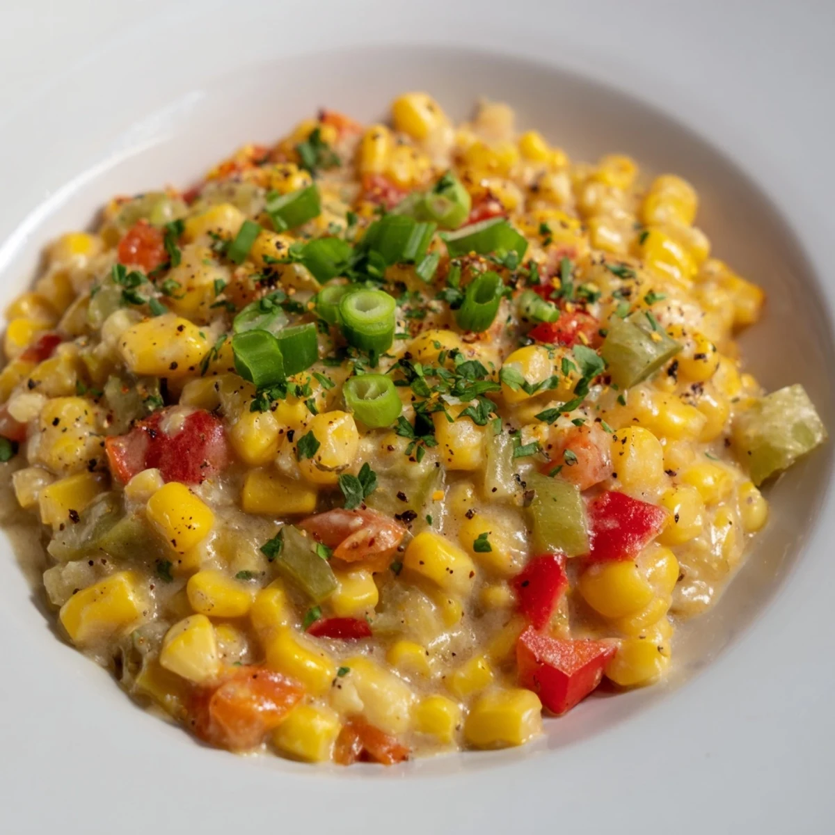 Vibrant Creole Corn Maque Choux packed with colorful vegetables, highlighted by a wooden spoon ready to serve this Southern comfort food.