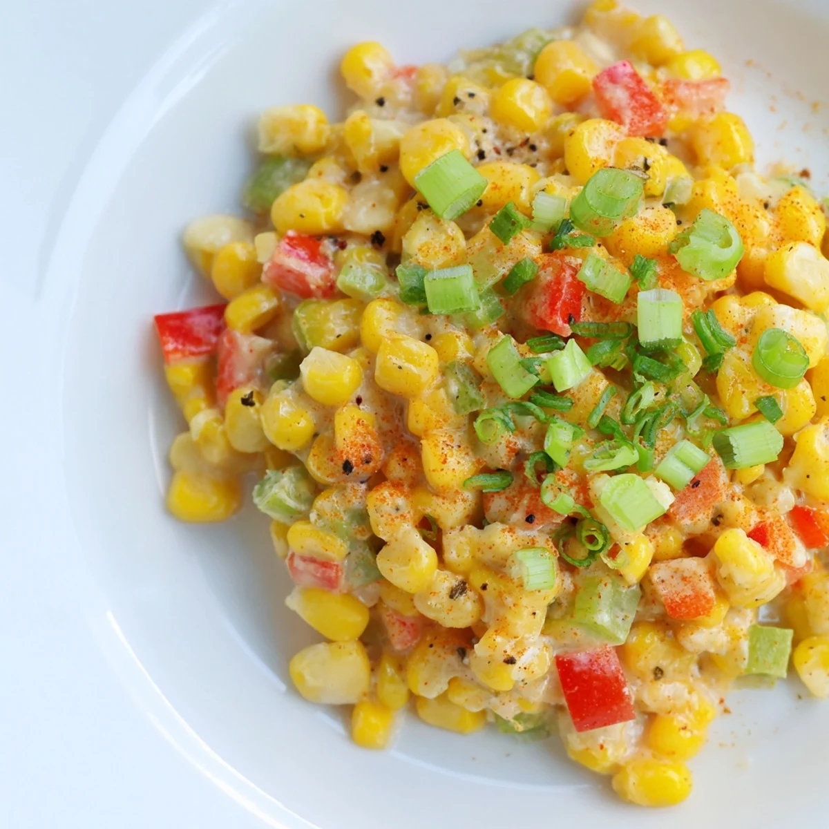 A close-up of Creole Corn Maque Choux topped with fresh parsley and green onions, served as a savory side dish in a white bowl.