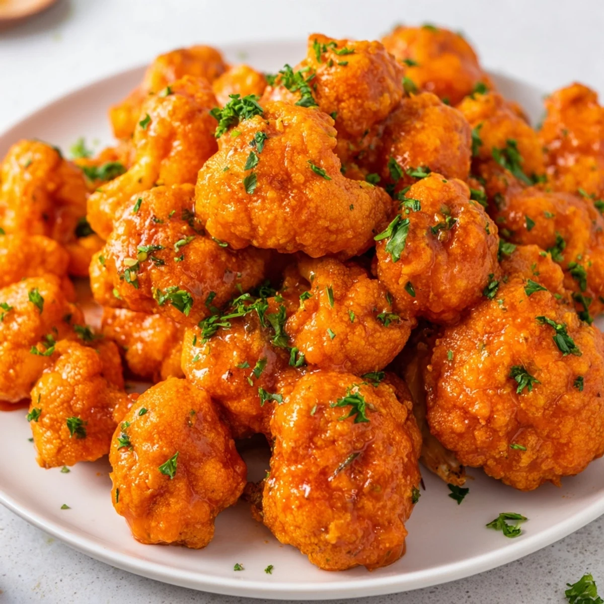 Golden-orange Big Game Buffalo Cauliflower Wings are tossed in tangy sauce, served beside a creamy bowl of ranch or blue cheese.