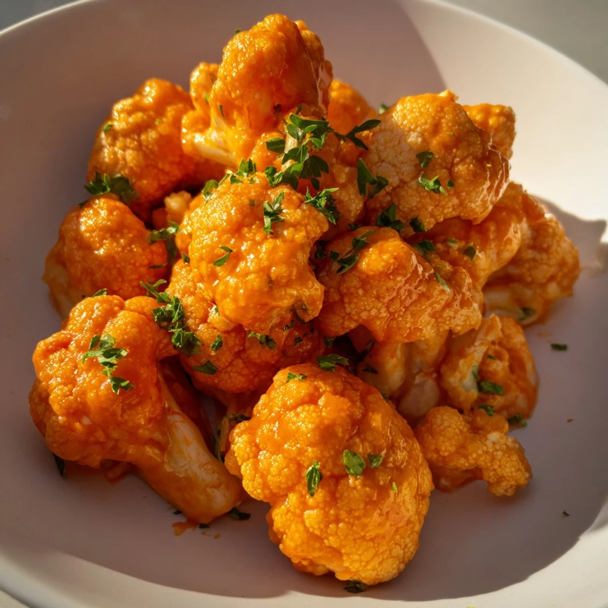 Crispy baked Big Game Buffalo Cauliflower Wings are piled high on a platter with celery and carrots, ready for game day dipping.
