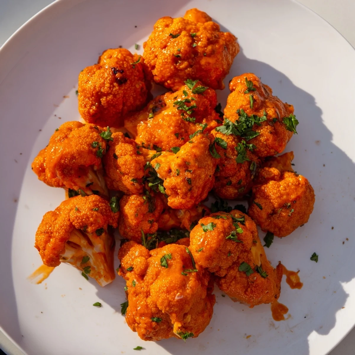 Freshly baked Big Game Buffalo Cauliflower Wings glisten with spicy glaze, garnished with parsley on a rustic serving board.