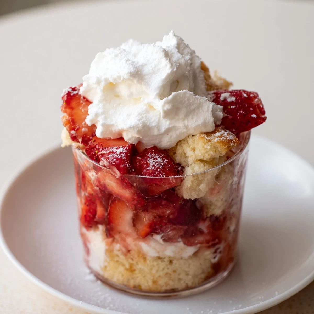 Freshly baked golden shortcake crumbles layered with juicy macerated strawberries and fluffy vanilla whipped cream in Valentine Strawberry Shortcake Cups.