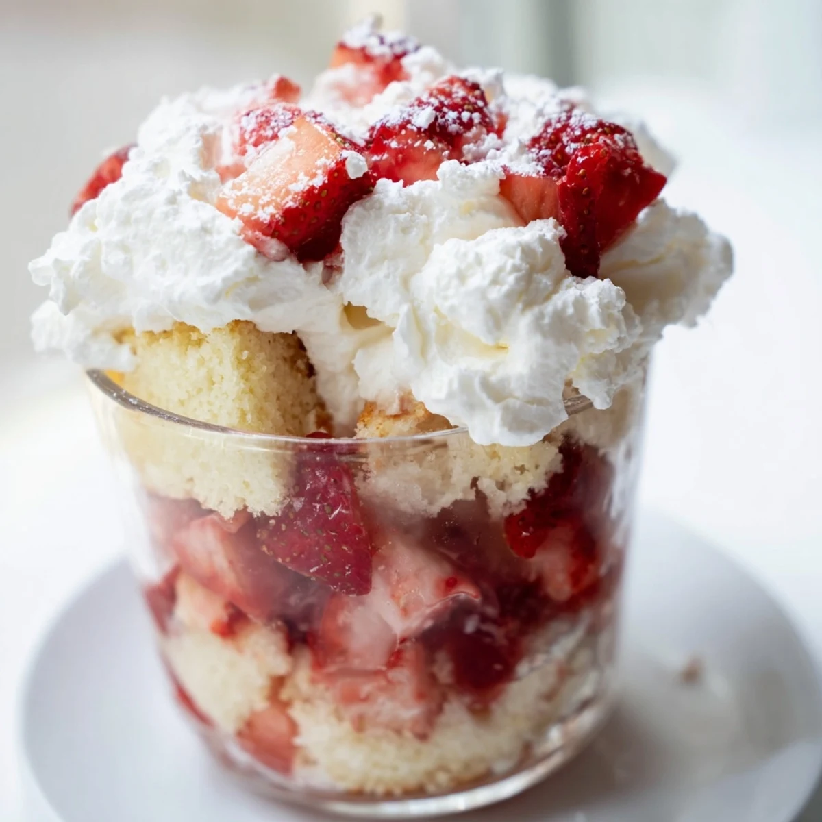 Sweet diced strawberries in syrup and billowy whipped cream top a golden shortcake crumble in these Valentine Strawberry Shortcake Cups.